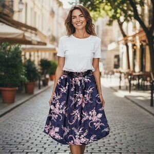 Hinge Floral Black and Pink Midi Skirt with Linings and Pockets Women's Size M